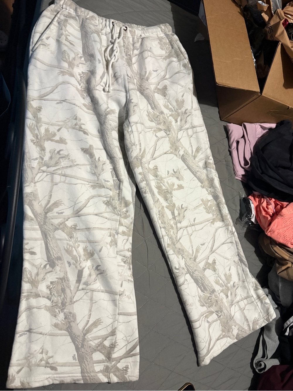 Women's Cream Tree-Print Wide Leg Pants with Drawstring Waist